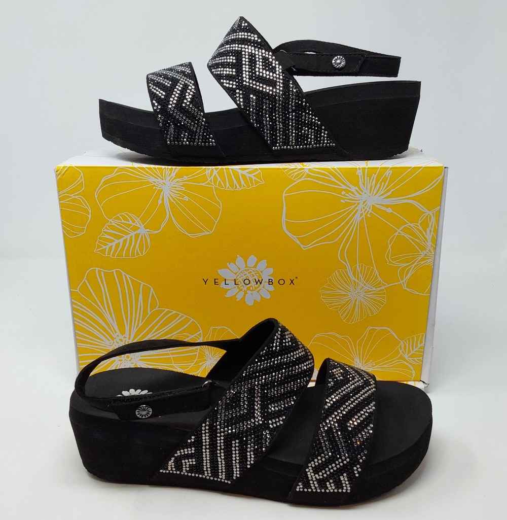 Yellow Box Shailene Womens 8.5 Black Rhinestone Platform Wedge Sandals